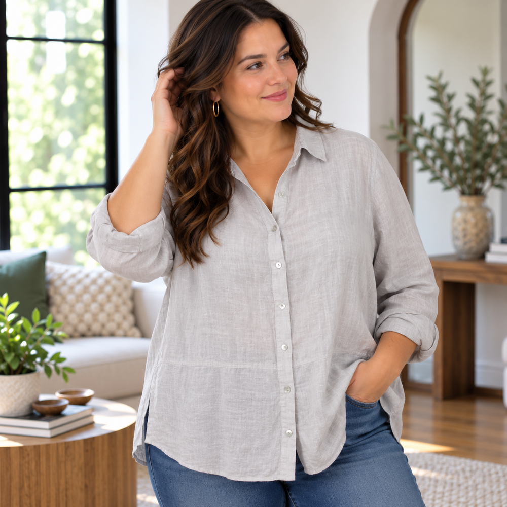 Tahari Shirt Womens Large Gray Linen Flax Coastal Granny Lagenlook Career